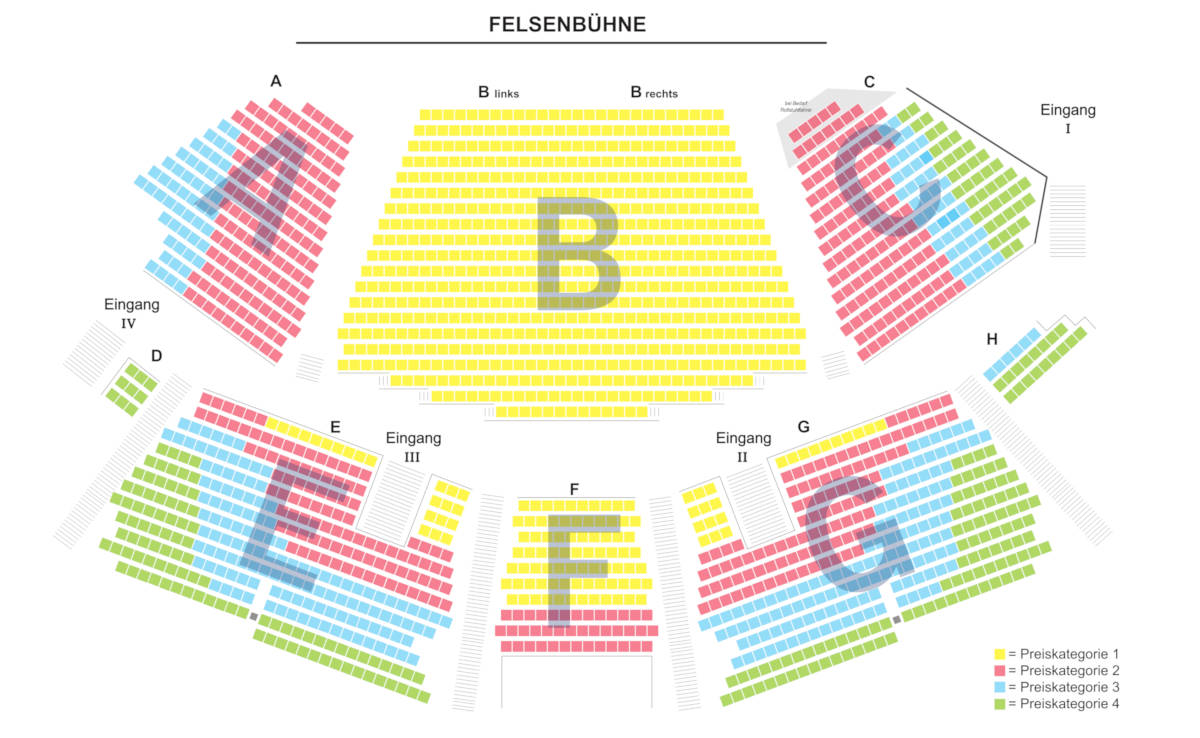 Das Bild zeigt den Sitzplan mit markierten Sitzblöcken und Preiskategorien