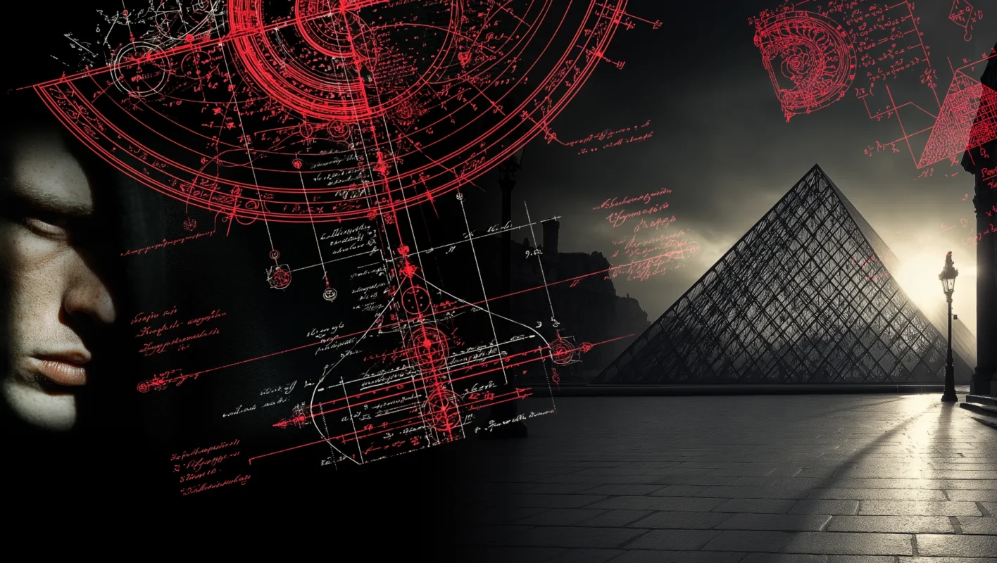 Links eine Silhouette eines Mannes, Rechts eine gläserne Pyramide. In der MItte mysteriöse Schriftzeichen.