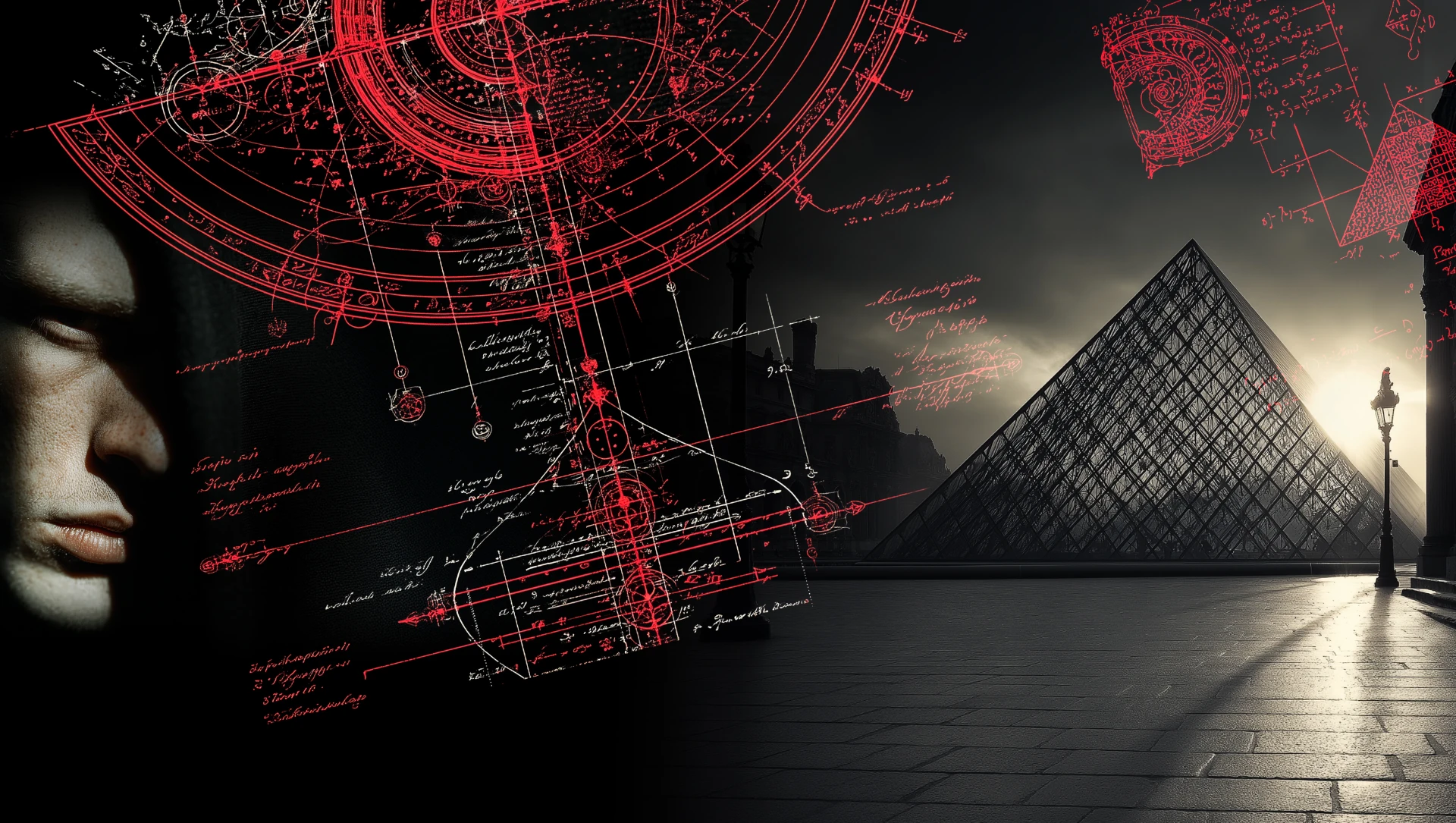 Links eine Silhouette eines Mannes, Rechts eine gläserne Pyramide. In der MItte mysteriöse Schriftzeichen.