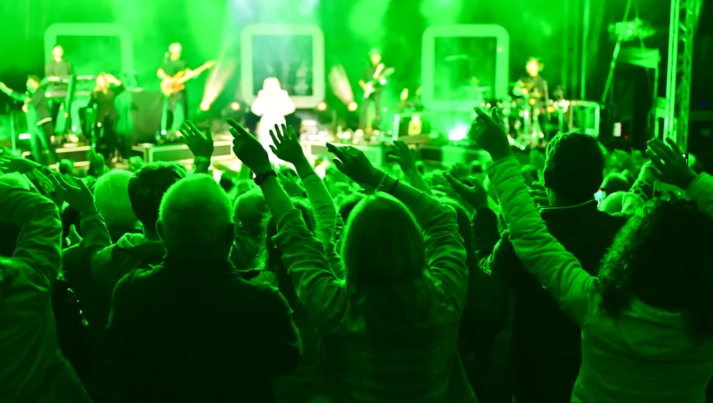 Das Publikum streckt bei einem Konzert auf der Luisenburg die Hände nach oben