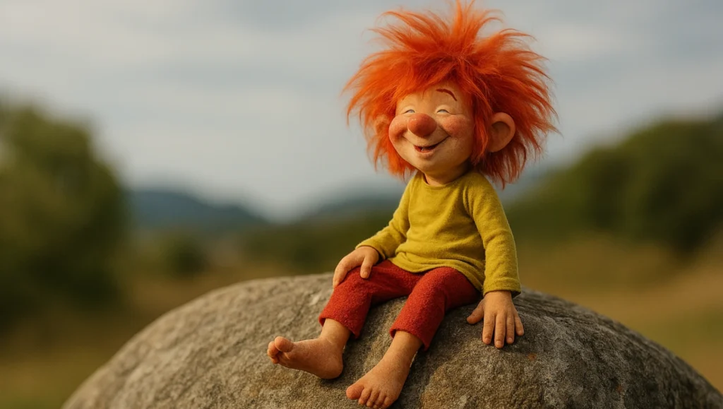 Pumuckl sitzt auf einem Felsen