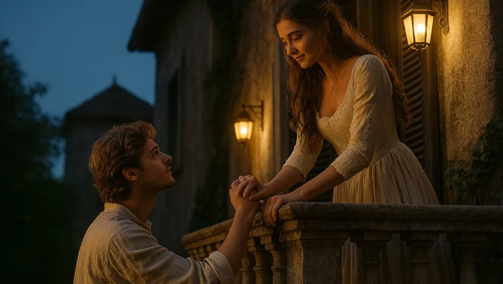 Romeo reicht Julia, die auf einem Balkon steht, die Hand.