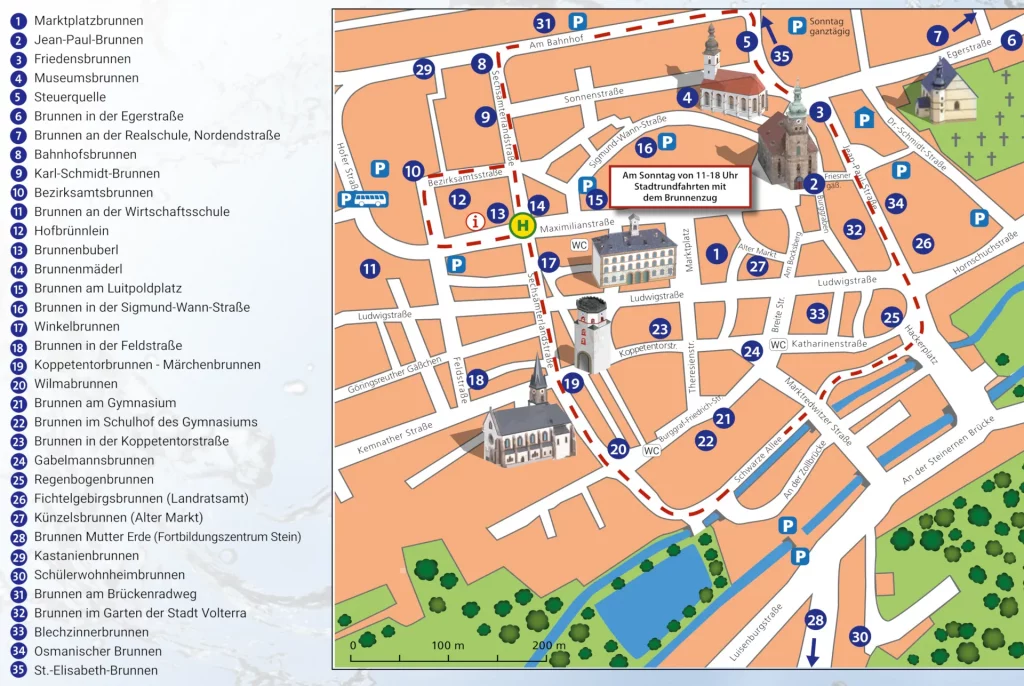 Der Stadtplan zeigt die Lage der Brunnen in der Stadt. Links ist eine Liste der jeweiligen Namen der Brunnen vermerkt. Durch eine Ziffer findet man die Namen links im Stadtplan rechts.